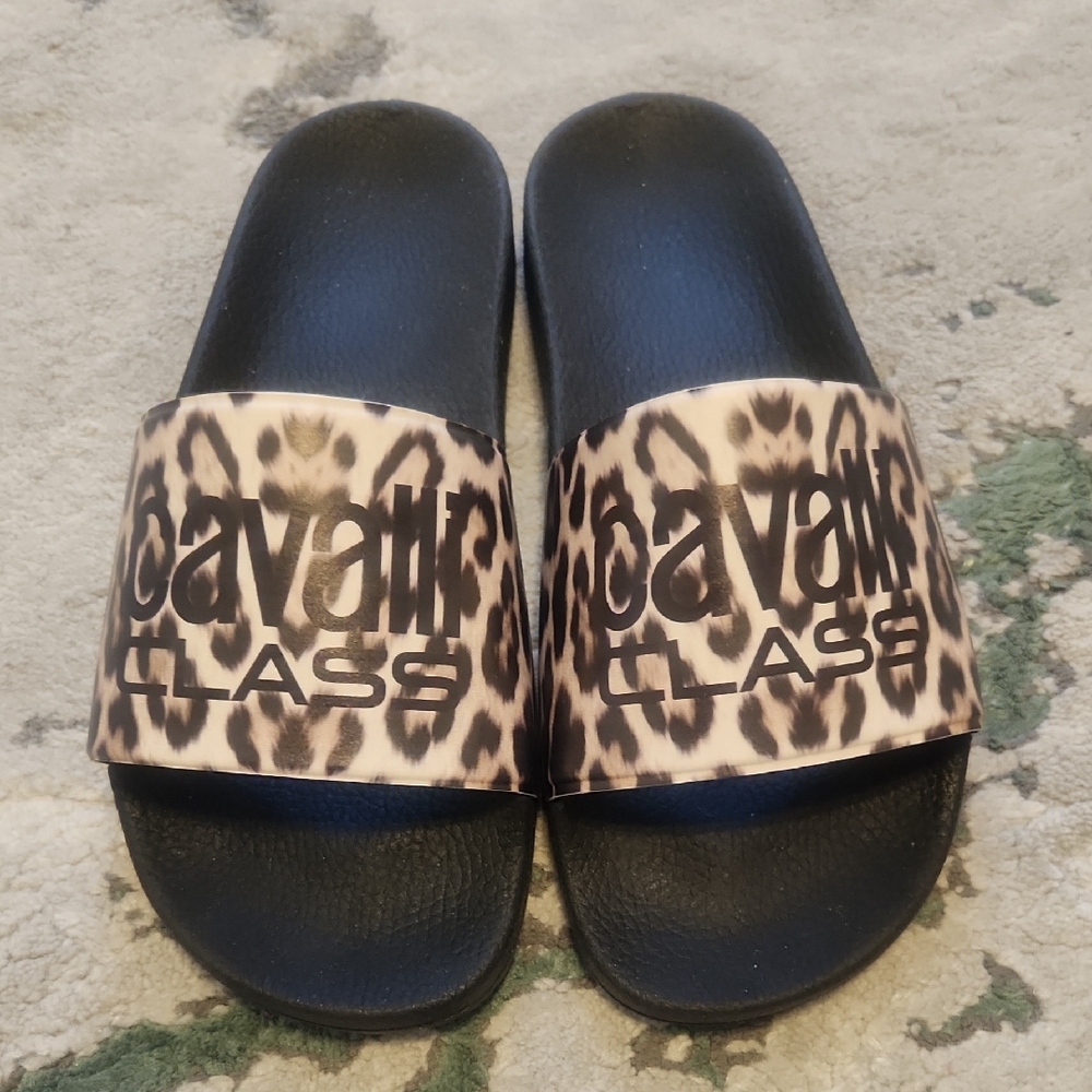 New Cavalli Class Black and Leopard Print Slides Sandals Flipflops Size 39